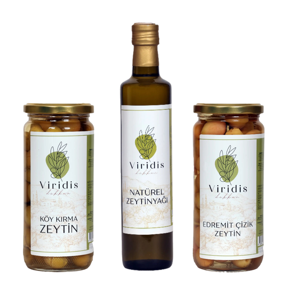 🫒Büyük Boy Kahvaltı Paketi - Natürel Zeytinyağı 750ml & Köy Kırma Zeytin 1000ml & Edremit Çizik Zeytin 1000ml