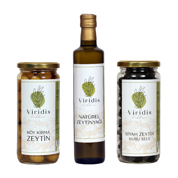 🫒Büyük Boy Kahvaltı Paketi - Natürel Zeytinyağı 750ml & Köy Kırma Zeytin 1000ml & Kuru Sele Siyah Zeytin 1000ml