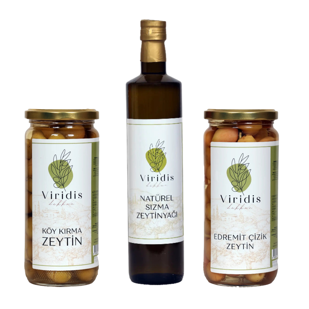 🫒Orta Boy Kahvaltı Paketi - Natürel Sızma Zeytinyağı 500ml & Köy Kırma Zeytin 500ml & Edremit Çizik Zeytin 500ml