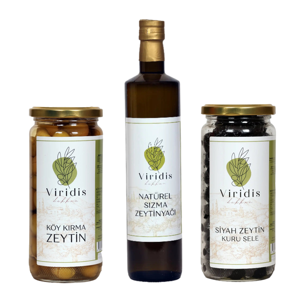 🫒Büyük Boy Kahvaltı Paketi - Natürel Sızma Zeytinyağı 750ml & Köy Kırma Zeytin 1000ml & Kuru Sele Siyah Zeytin 1000ml