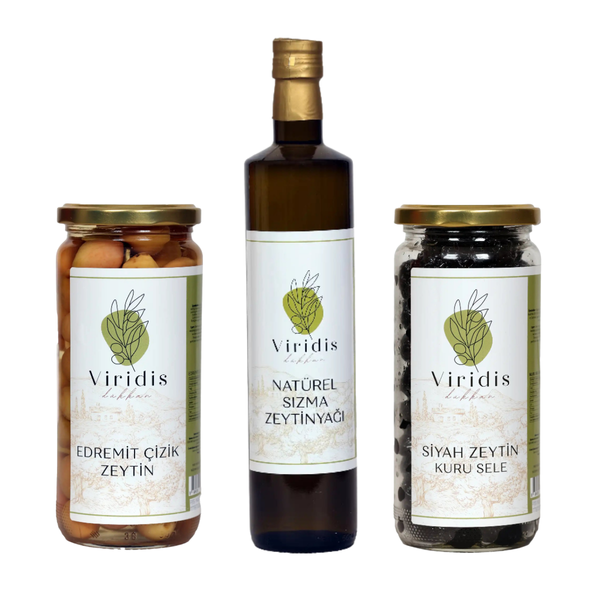 🫒Büyük Boy Kahvaltı Paketi  - Natürel Sızma Zeytinyağı 750ml & Edremit Çizik 1000ml & Kuru Sele 1000ml